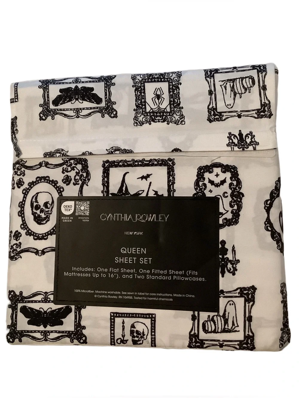 Cynthia Rowley Halloween Spooky Art Toile Queen Sheet Set New